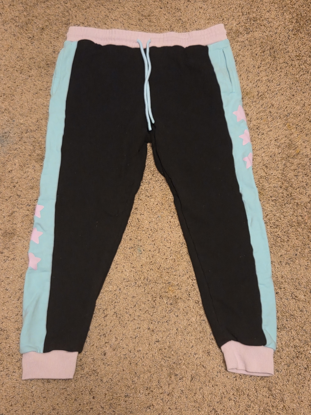 Ranboo Merch Black Joggers with Teal Side Stripes and Pink Stars